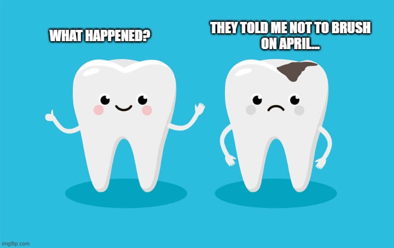 caricature of two teeth doing April Fools Day prank