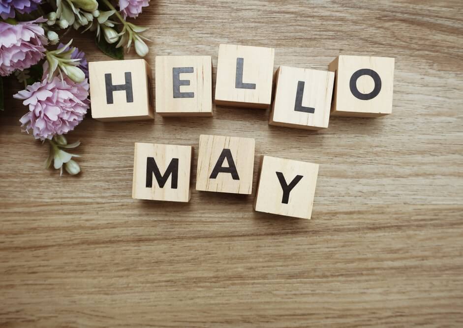 Hello May spelled out using alphabet block letters